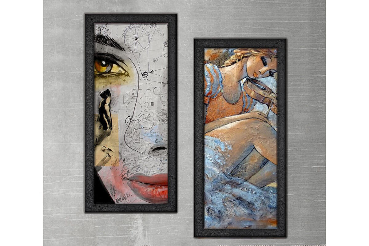 Wood Framed Textured Oil Painting Violinist Girl 2 Pieces 42x80 - Ider Furniture