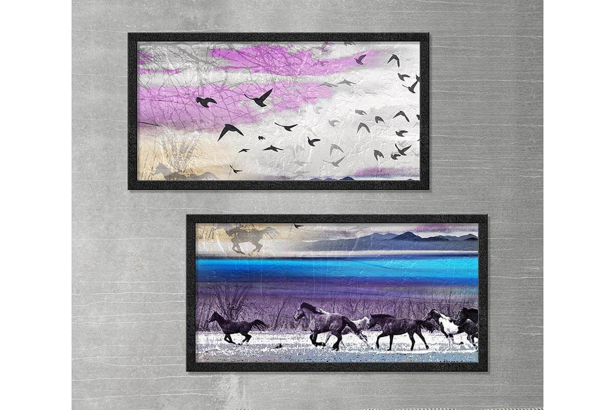 Wood Framed Textured Oil Painting Birds and Horses 2 Pieces 42x80 - Ider Furniture