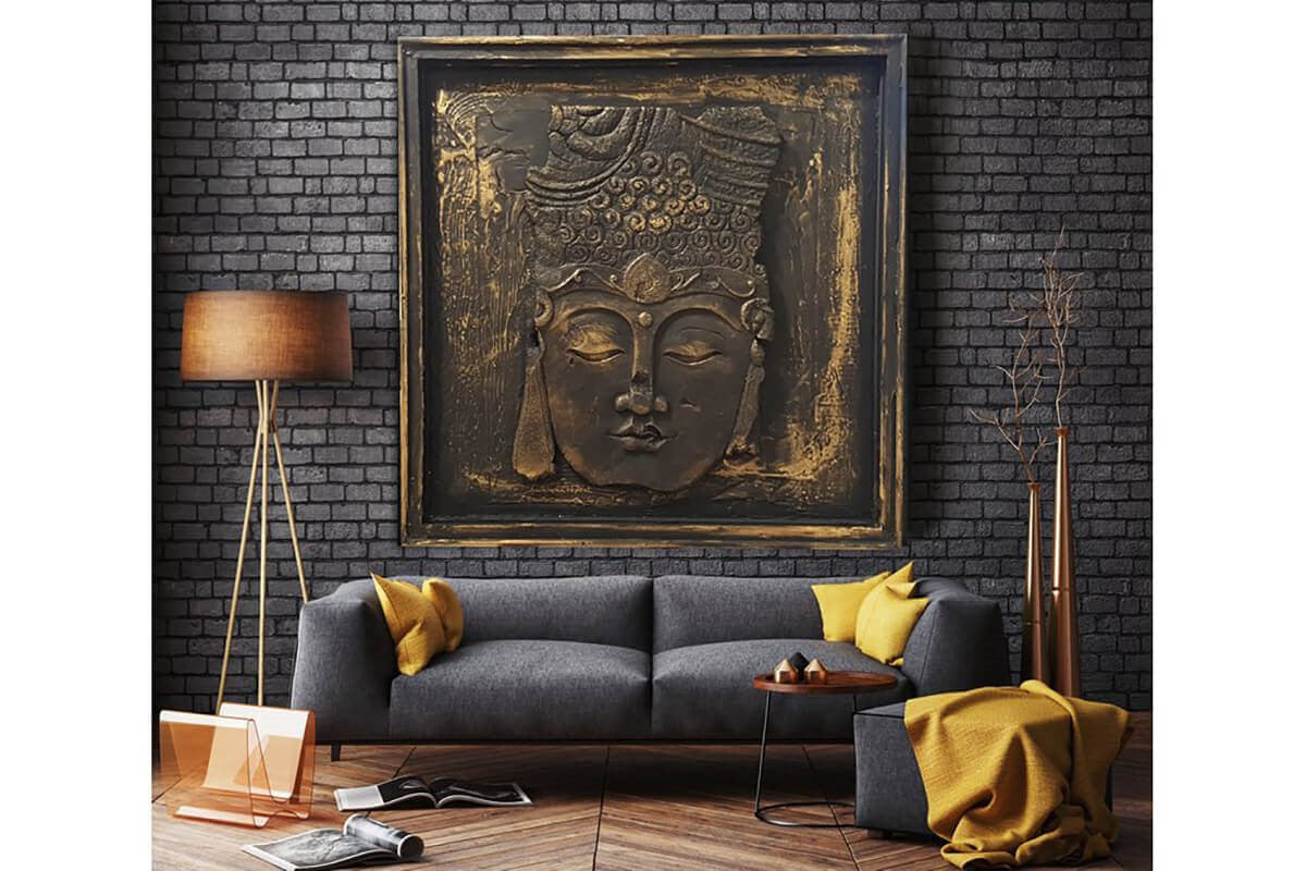 Wood Framed Bronze Relief Wall Art Buddha 80X80
