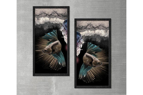 Wood Framed Textured Oil Painting Black Fish 2 Pieces 42x80 - Ider Furniture