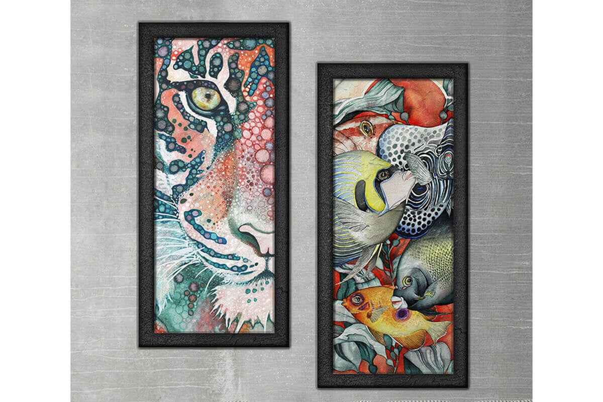 Wood Framed Textured Oil Painting Fish & Lion 2 Pieces 42x80 - Ider Furniture