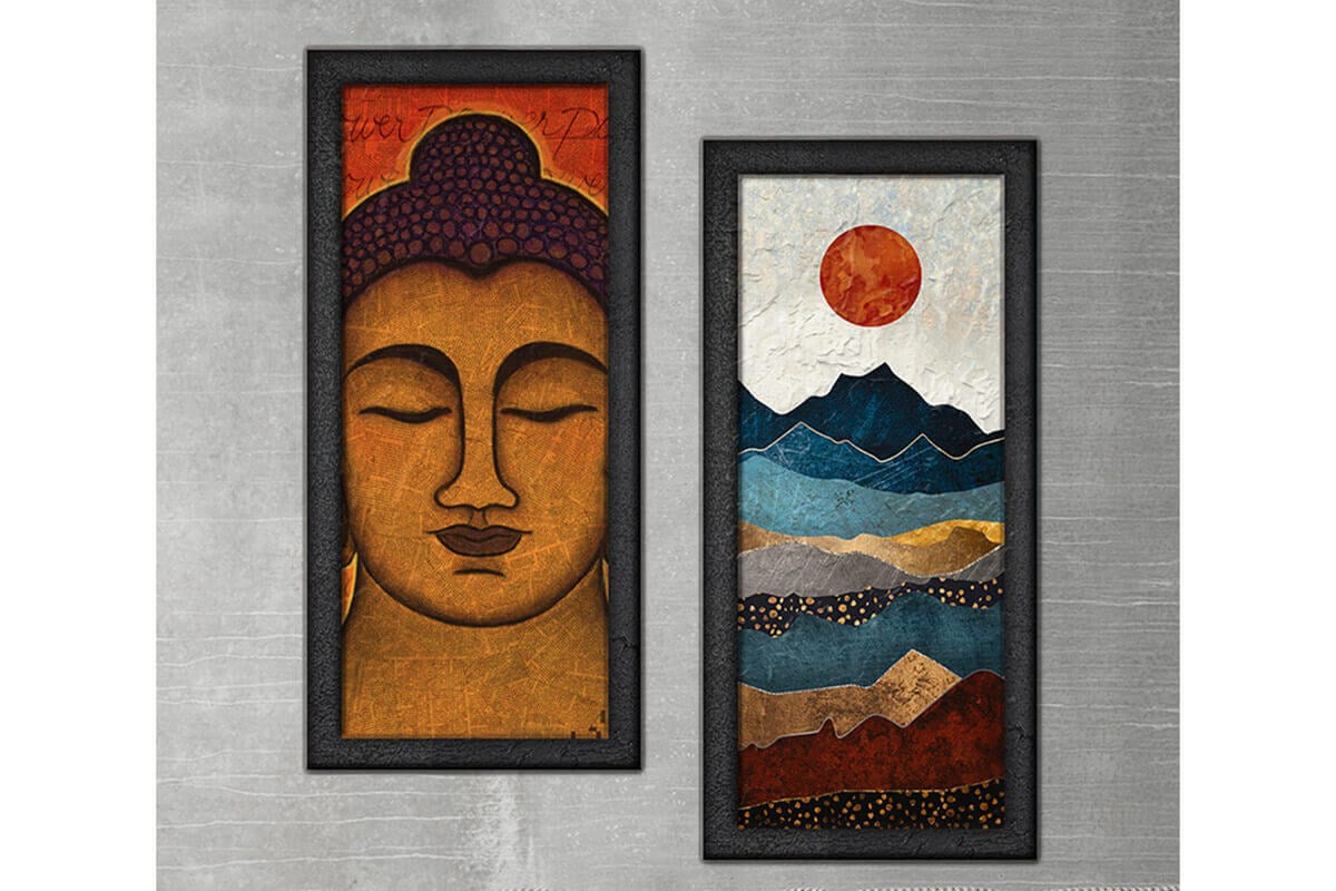 Wood Framed Textured Oil Painting Buddha 2 Pieces 42x80 - Ider Furniture