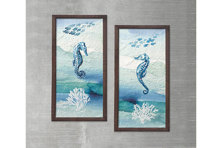 Wood Framed Textured Oil Painting Seahorse 2 Pieces 42x80 - Ider Furniture