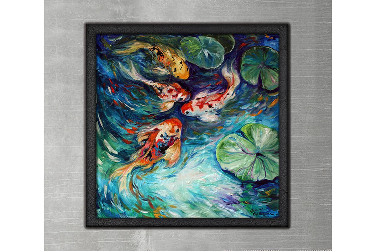 Wood Framed Textured Oil Painting Goldfish 80X80 - Ider Furniture