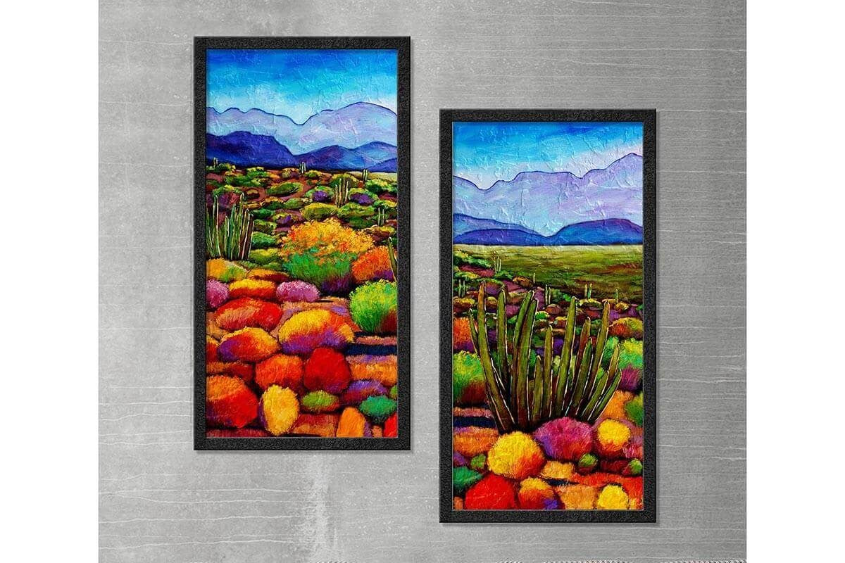 Wood Framed Textured Oil Painting Cactus 2 Pieces 42x80 - Ider Furniture
