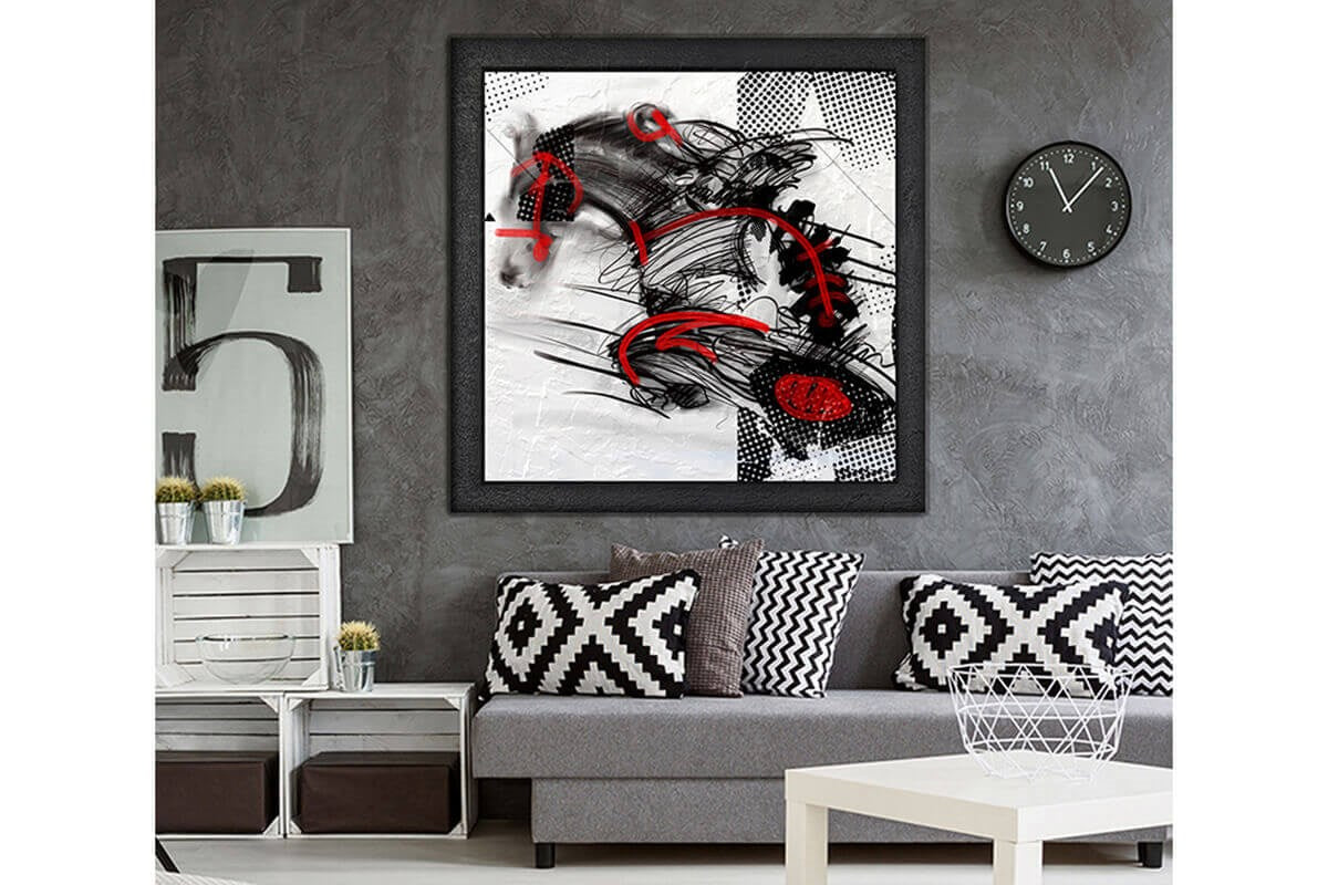 Wood Framed Textured Oil Painting Red-Black Horse 80X80 - Ider Furniture