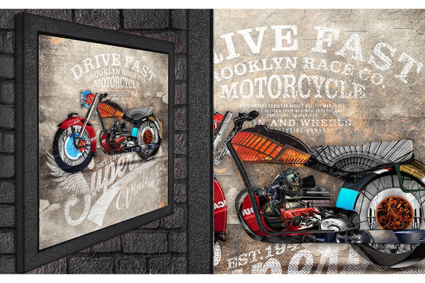 Wood Framed Textured Oil Painting Moto Collage 80X80 - Ider Furniture