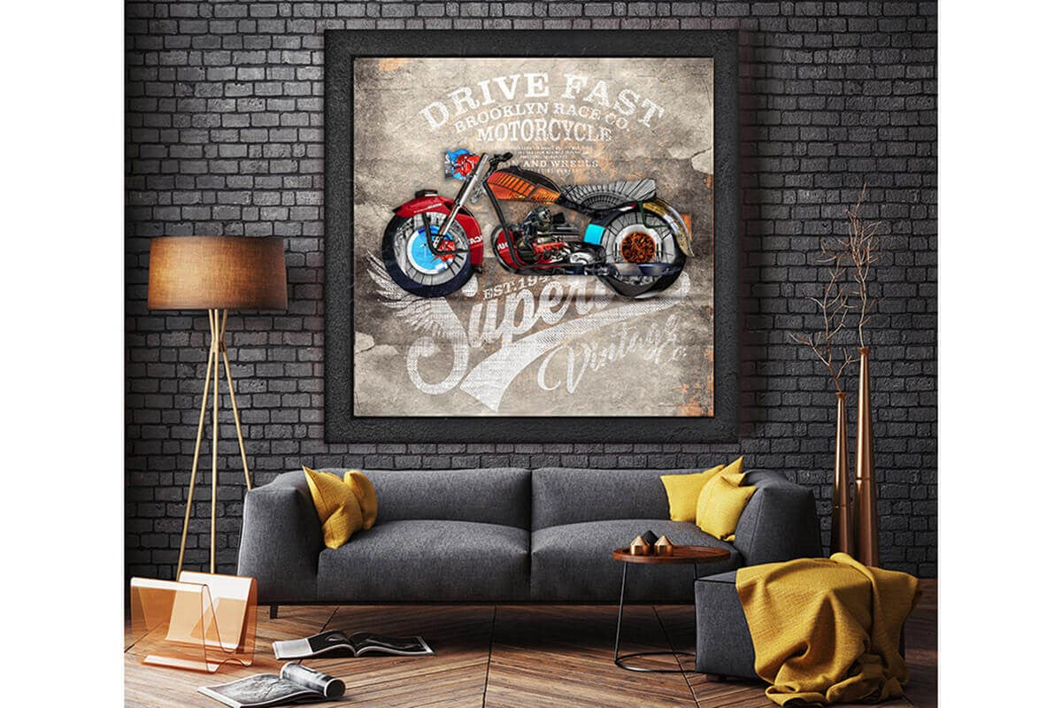 Wood Framed Textured Oil Painting Moto Collage 80X80 - Ider Furniture