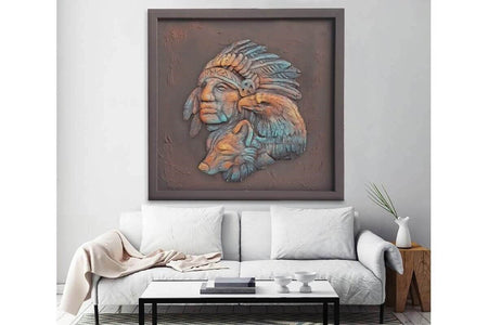 Custom Made Relief Painting Bronze Antique Native American 80X80 - Ider Furniture